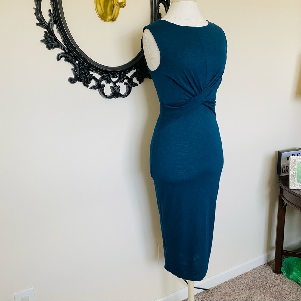 White Crow Teal Blue Fitted Sleeveless Midi Dress with Twist Detail